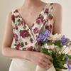 Elegante Top de Tirantes Elegante Nudo con Estampado de Grupo, Cuello en V, Sin Mangas, Chaleco, Falda Larga con Lazo