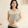 Camisola de Tricô Listrada 100% Algodão Puro Feminina Primavera e Verão Gola Redonda Algodão Puro Bloqueio de Cores Sem Mangas Top Interno