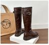 2024 Novas Botas Retrô Fundo Grosso Cano Médio Cavaleiro Lã Plissada Couro Macio Botas de Cano Alto Cano Alargado Femininas