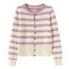 Cardigan de Tricô Longo com Listras Color Block e Gola Redonda - Moda Elegante para Outono/Inverno 2026 - Cor Nova para Mulheres