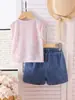 Amazon Cross-Border Roupas Infantis Europeias e Americanas para Meninas Comércio Exterior Conjunto de Duas Peças Colete Rosa + Shorts Azuis para Crianças Pequenas