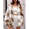 Casaco plus size feminino europeu e americano, moda casual, estampa aleatória, xadrez, com capuz, pelúcia, casaco