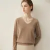 Suéter tejido de cachemira 100% pura premium sin costuras para mujer, jersey de cuello en V, corte holgado, manga larga, capa base