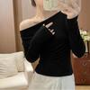 Camiseta de Manga Larga Asimétrica con Hombro Caído y Cuello de Solapa Estilo Coreano para Mujer 2025 Principios de Otoño Pura Lustre Sexy Adelgazante Aspecto Chic Top