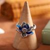 Anillo vintage de plata con carácter, plata pura 990, anillo de loto azul quemado, temperamento epoxi, anillo para el dedo índice de dama con apertura
