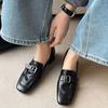 Mocasines de piel de vaca de capa superior lavada suave con hebilla cuadrada para commuter 2025 Primavera Tacón medio grueso Cabeza cuadrada Cuero Boca profunda Zapatos de una capa para mujer