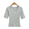 7707-26 Camiseta Básica Lisa com Decote V de Manga Média, Estilo Coreano de Verão, Slim Fit, Cor Doce