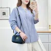 Especial2026 Otoño Tallas Grandes Mujer Elegante Retro Cuello Pico Pequeño Rayas Manga Larga Camisa Blusa Refrescante 0715