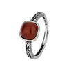 Anel Prata Charme Prata Esterlina S925 Ágata Vermelha Sul-Americana Natural e Jade Hetian Cubo, Anel Elegante Simples Retro com Borda de Renda