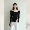 Rosa Irregular Ombro a Ombro Manga Comprida Malhas Feminino Primavera e Outono Camisa Base Curta Elegante Top com Fenda Interna