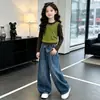 Calça Jeans Casual Coreana Estilo Primavera e Outono para Meninas Calça de Outono Estilosa e Fashion para Crianças Maiores Calça Wide-Leg Scythe Conjunto de Três Peças
