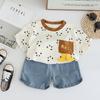 Conjunto de Verão para Meninos 2025 Novo Conjunto Infantil Desenho Animado Tridimensional Bolso Pequeno na Barra Conjunto Masculino de Bebê Duas Peças de Manga Curta