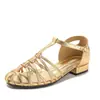 Sandalias Romanas Tejidas de Tacón Grueso con Piel Brillante, Estilo Retro, Hebilla Única, Diseño Hueco, Zapatos de Moda para Mujer Lw206-1