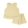 Conjunto sin mangas para niña Verano 2026 Estilo Nuevo para Niños Mayores, Top con Lazo y Pantalones Cortos Casuales de Encaje Conjunto de Dos Piezas