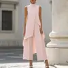 Moda Europeia e Americana 2026 Novo Estilo Formal/Casual Slim-Fit Design Irregular Gola Alta Sem Mangas Camada Calça Wide-Leg Conjunto de Duas Peças