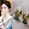 Nuevo pendiente de borla con forma de abanico de gota de aceite de esmalte verde retro chino, temperamento de lujo ligero, sensación de alta gama, pendientes multi-uso