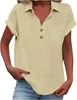 Camisas Femininas de Algodão e Linho Soltas de Verão Europeias e Americanas Amazon Manga Curta Colarinho Algodão Casual Camisa de Botão