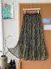 Saia plissada de malha paisley relaxada estilo retrô coreano para mulheres, saia A-line vintage preguiçosa com barra grande para outono e inverno