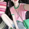 Camiseta de punto de seda helada de manga corta con cuello redondo color rosa dopamina para mujer, estilo fino de verano, top holgado único y hermoso