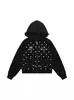 Sudadera con capucha estilo americano de lunares, bolsillo con lazo bordado, dobladillo con volantes, chaqueta corta casual holgada para mujer para otoño, moderna