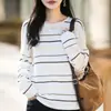 Suéter de punto casual a rayas para mujer, algodón puro, cuello redondo, hombros caídos, corte holgado, simple y versátil para el uso diario, mangas largas, estilo pullover