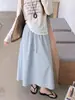 Saia midi patchwork, novo estilo primavera e outono, cintura alta com cordão, emagrecedora e valoriza a silhueta, plus size, saia midi estilo A em imitação de algodão