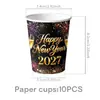 Fiesta de Año Nuevo 2027 Fuegos Artificiales Negros y Dorados Banner FELIZ AÑO NUEVO Platos de Papel Vasos Servilletas de Papel Mantel Suministros de Decoración