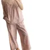 Conjunto de dos piezas de pijama para mujer estilo francés con ribete de encaje, color rosa nude suave, para verano, talla grande, camisola y pantalón largo, dos piezas de ropa para el hogar amigable con la piel
