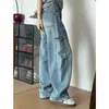 Calça jeans azul claro de perna curva para mulheres, coleção outono 2026, plus size, cintura alta, modelagem solta, modelagem que afina, calça pantalona estilo workwear