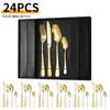Atacado Transfronteiriço 1010 Talheres de Aço Inoxidável Faca, Garfo, Colher Conjunto com Caixa de Presente de 24 Peças Dourado Faca e Garfo Ocidentais para Bife