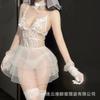 Lencería Erótica Tallas Grandes Encaje Blanco Malla Transparente Nupcial Sexy Escote en V Profundo Body Conjunto de Vestido de Boda
