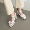 Fábrica de Origen Comercio Exterior Transfronterizo Zapatos Estilo Europeo y Americano, Tacones Altos Gruesos de Punta Cuadrada Estampados, Zapatos de Mujer con Correa Única, Tacones Ultra Altos