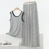 Nuevo Conjunto de Dos Piezas de Ropa para Casa con Chaleco de Rayas y Pantalones de Modal para Mujer, Conjunto Casual Delgado sin Mangas de Verano Talla Plus