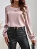 Ropa Femenina Transfronteriza Europea y Americana Satén Liso Cuello Redondo Manga Larga Estilo de Oficina Puños Elásticos Elegante Versátil Top para Mujer