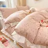 Juego de Cuatro Piezas de Encaje Fruncido Estilo Francés 100% Algodón, Juego de Ropa de Cama de Tres Piezas Estilo Fresco de Puro Algodón para Dormitorio de Estudiantes
