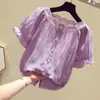 Blusa de gasa para mujer de manga corta 2025 estilo coreano verano nuevo versátil que cubre el vientre adelgazante morado dulce camisa de gasa