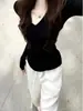 Top de Punto Canalé Rosa Suave Estilo Coreano con Cuello en V para Mujer, Ropa Interior de Manga Larga Adelgazante para Otoño