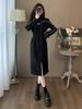 Vestido negro Mujer Primavera y Otoño 2025 Nuevo Base Francés Manga Larga Falda Sudor forrado de vellón Falda Larga Cuello Semi-alto