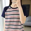 Camiseta de punto de algodón puro a rayas tricolores de bloques de color con mangas raglán cortas, nuevo estilo de verano, top holgado retro de cuello redondo para mujer