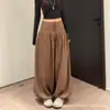 Pantalones marrones de cintura alta abotonados para mujer, figura de pera de otoño, cintura alta adelgazante casual con puños, plisados, estilo linterna, pierna ancha
