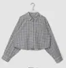 Camisa Xadrez Elegante Coreana Outono 2026 com Lapela Manga Curta e Longa para Mulheres, Camisola Fina Doce e Picante, Tendência de Estilo Preguiçoso