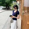 Camiseta feminina de verão estilo Versalhes, nova, slim fit, manga curta, top curto amarelo, deslumbrante e bonito