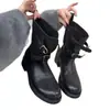 Versión de cuero suave~hebilla de cinturón retro botas cortas de caballero tacón grueso botas de vaquero occidentales para mujer punta redonda ajustadas botas cortas de motocicleta
