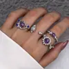 Anillo Cruzado Europeo y Americano con Gema Morada para Mujer, Anillo de Lujo Ligero de Alta Gama Incrustado con Diamantes de Sol y Luna
