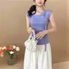 Suéter de Punto para Mujer con Diseño de Pliegues y Botonadura Oblicua de Flores, Verano Nuevo, Manga Corta, Cintura Estilo Chino Chaleco Top