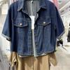 Chaqueta Camisa de Mezclilla Fina de Manga Corta Estilo Hong Kong para Mujer Verano Nuevo Diseño Top Corto de Cintura Alta con Solapa