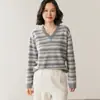 Suéter de Punto de Cachemir Estilo Perezoso Otoño e Invierno para Mujer Cuello en V Rayas Holgado Aspecto Adelgazante Punto Engrosado Punto de Color Contrastante