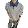 Marca da moda, design falso de duas peças, moletom com gola patchwork, estilo masculino, novo e moderno, caimento solto, top casual e versátil de manga longa