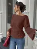 2025 Estilo Nuevo Europeo y Americano Color Puro Moda Casual Versátil Cintura Cuello Barco Personalizado Calle Acampanado Manga Larga Top Camiseta
