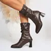 Botas Martin adelgazantes para mujer, botas de moda estilo británico hasta la pantorrilla, botas de tacón grueso apilado de punta cuadrada versátiles de moda 2026